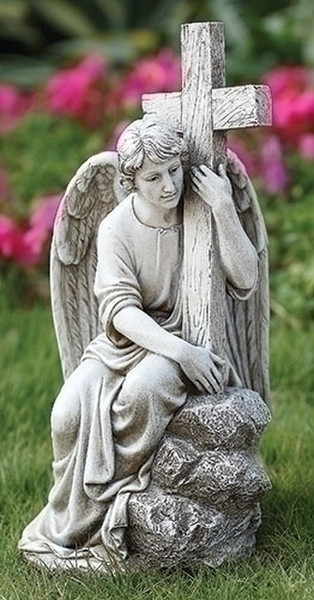 Male Angel With Crucifix Garden Sculpture with Cross Memorial